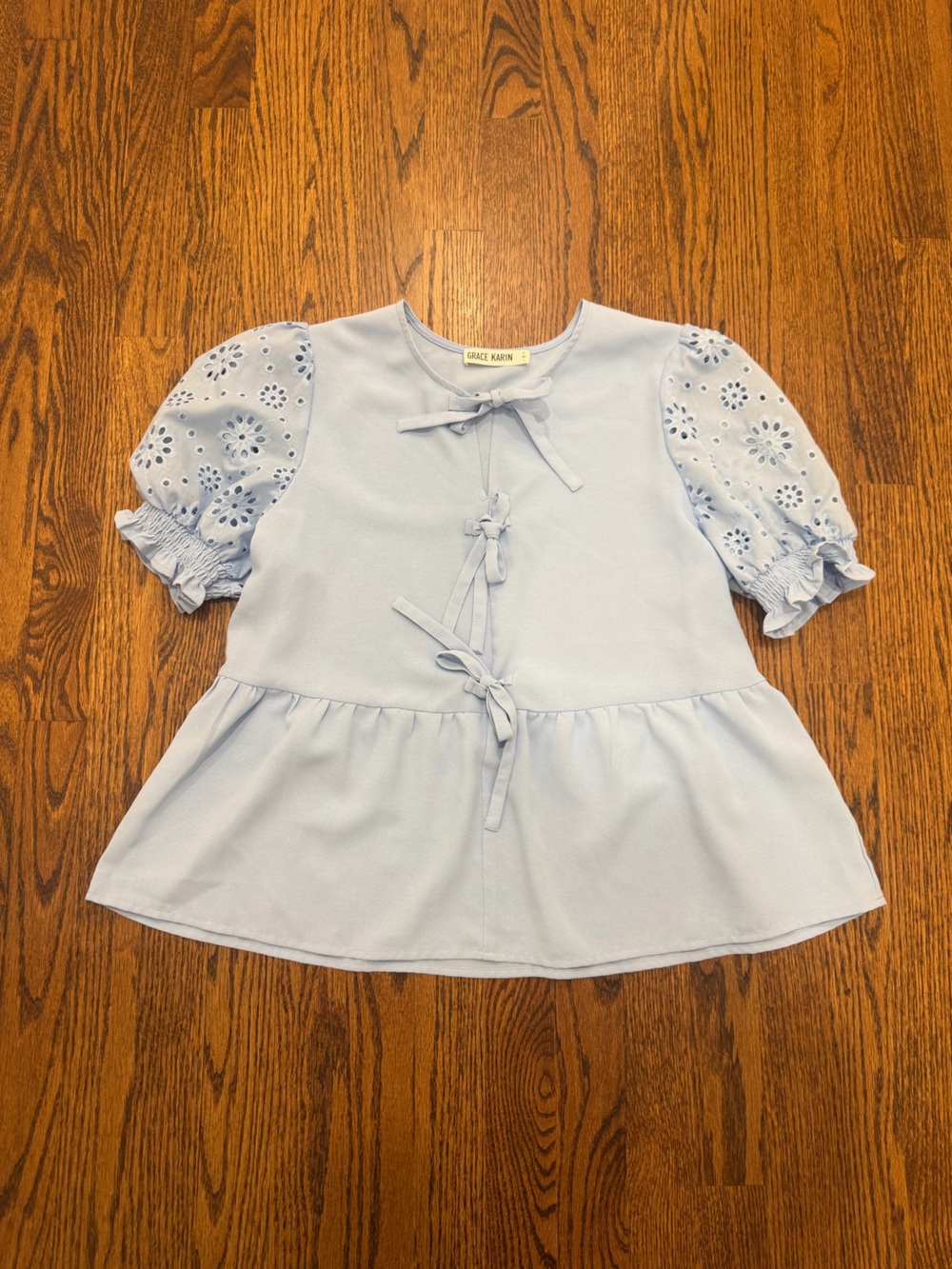 Grace Karin Light Blue Eyelet Puff Sleeve Peplum Top for Kids
